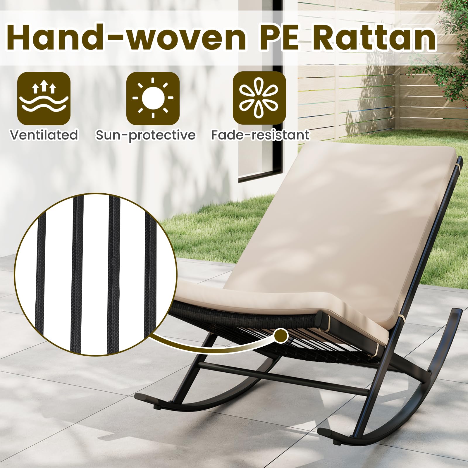 GIANTEX Set di Bistro 3 Pezzi, Sedie a Dondolo da Esterno in Rattan con Tavolino da Caffè, Set di Mobili da Conversazione per Veranda con Cuscini in Cotone per Giardino, Balcone, Bordo Piscina