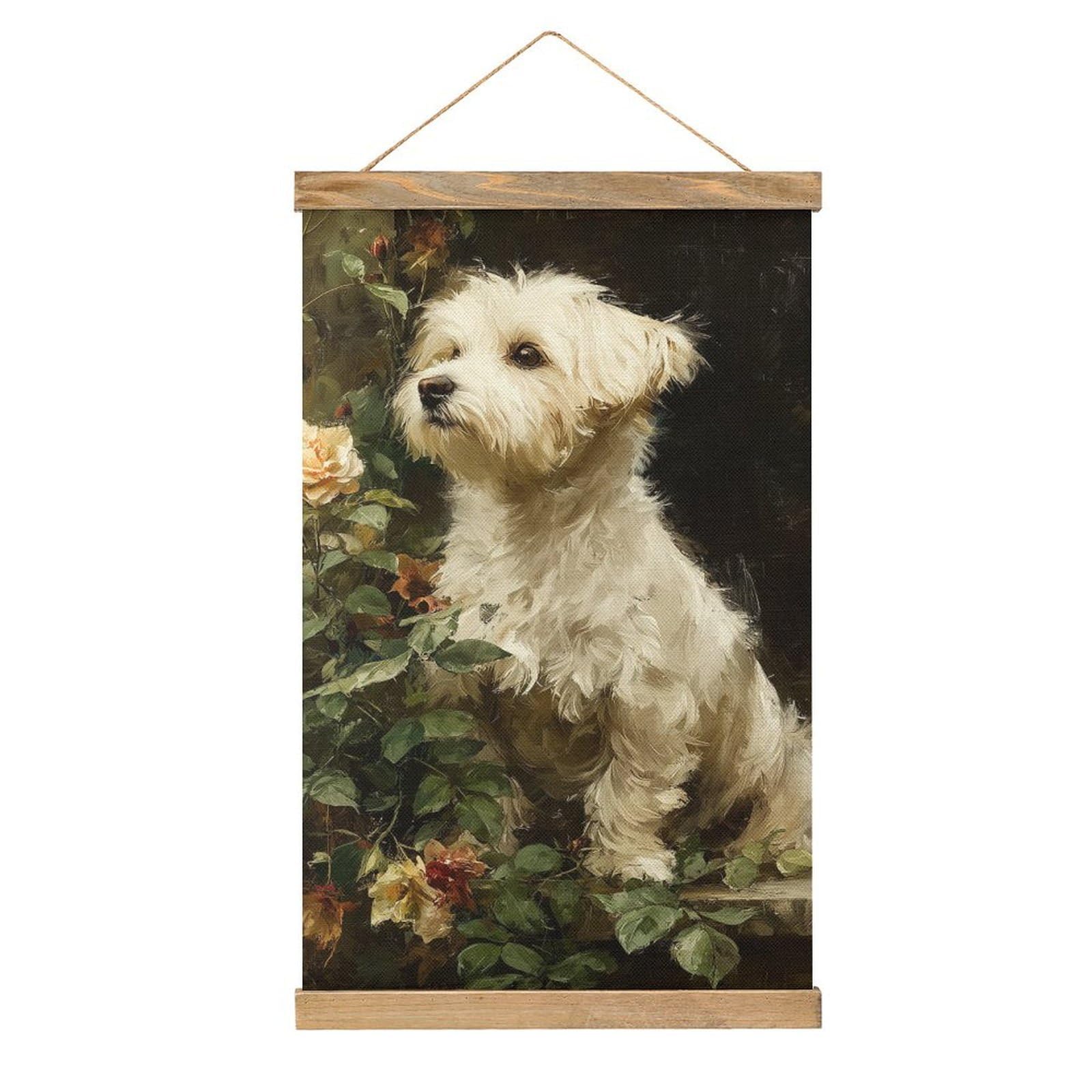 Jubonexis Cute White Dog Sitting in A Rose Garden Canvas Painting Wood Frames Poster Hanger Hanging Picture Kit Wall Art