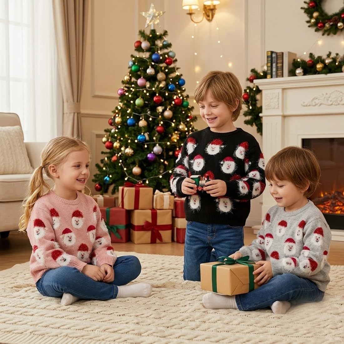 Kids Ugly Christmas Sweater Santa Long Sleeve Knit Pullover