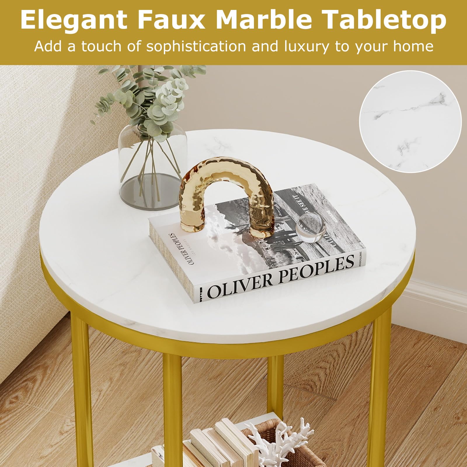 GIANTEX Tavolino effetto marmo oro con 2 ripiani | Tavolino rotondo in legno con telaio in metallo, piccolo tavolino da salotto moderno, diametro 40,5 x 51 cm