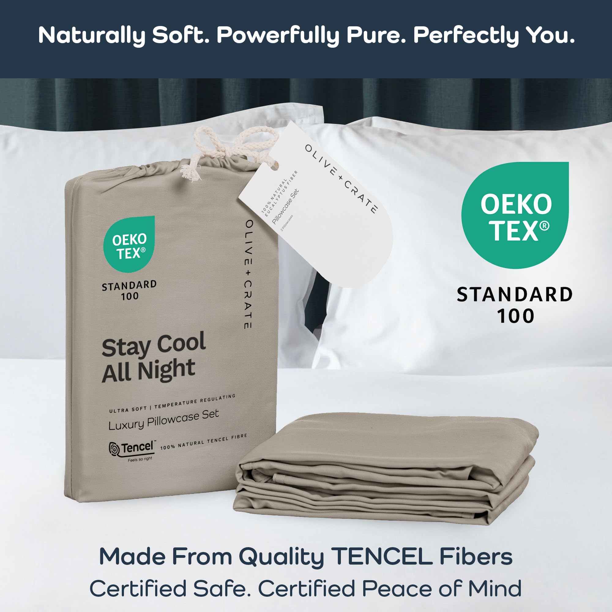 Olive + Crate Tencel Eucalyptus Pillowcases - 100% Tencel Lyocell Cooling Pillow Cases for Hot Sleepers - Hypoallergenic, Moisture-Wicking, Silk Alternative, Vegan - King Size Set of 2 [Moss]: Taupe Sand Queen