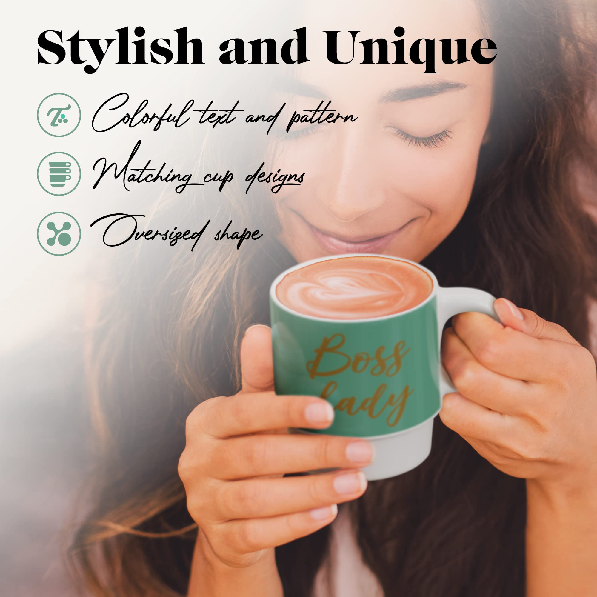 American Atelier Ceramic Green Multi-color Mug & Rack Set â€“ 4 Cups & Standing Metal Rack for Kitchen Countertop, Tabletop, Island, or CafÃ© Display â€“ Gift for Tea & Coffee Lovers, 14 oz, Boss Lady