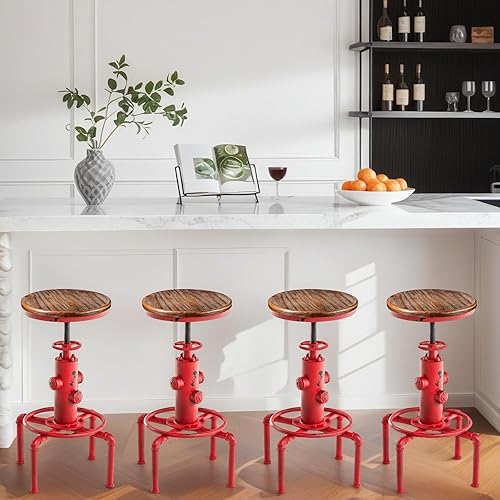 Miniatura 4 de Juego de 4 taburetes giratorios de metal para encimera de cocina industrial vintage, altura ajustable de 23.6 a 29.5 pulgadas, de madera maciza,