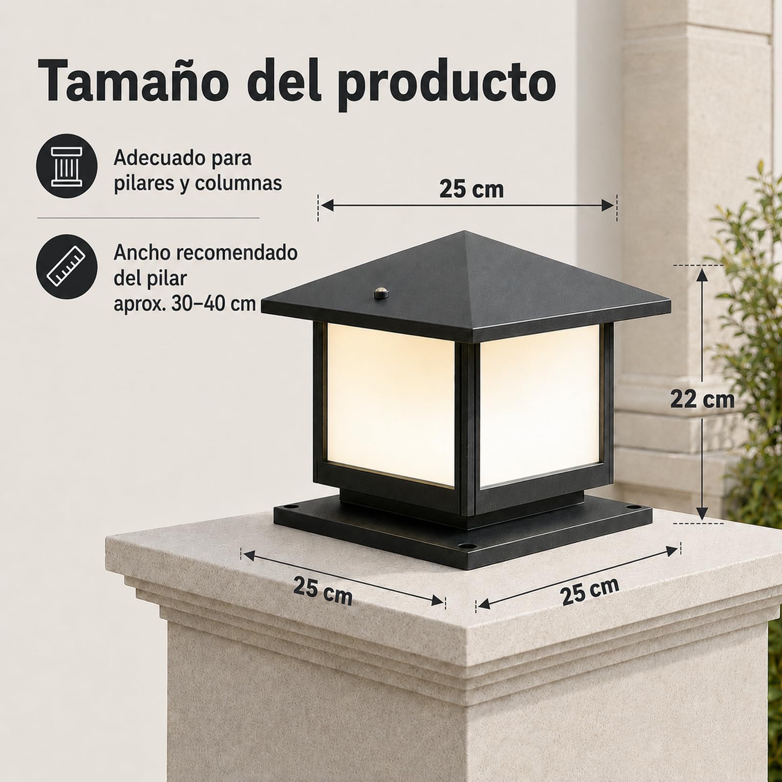 Farola Exterior Jardín E27 12W, Lámpara Sobremuro Exterior de Aluminio IP45, 3000K/4500K/6000K, Baliza Cuadrada para Muro, Pilar, Camino, Terraza y Patio, Gris
