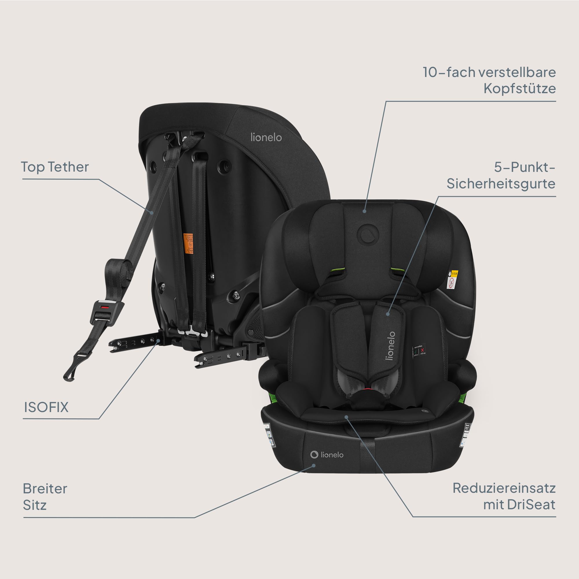 Lionelo Billy i-Size Kindersitz 76–150 cm (ab ca. 15 Monate–12 Jahre) | R129, ISOFIX & Top Tether oder Fahrzeuggurt, 5-Punkt-Gurt 76–105 cm, 10-fach Kopfstütze, Seitenaufprallschutz