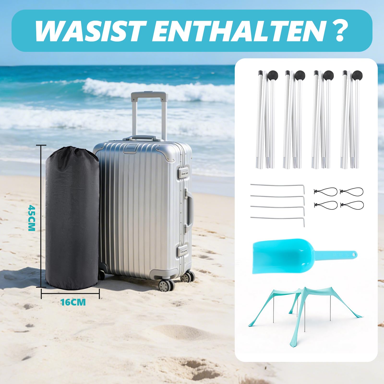 Sonnenschutz Strandzelt mit UPF50+ 2.2 x 2 x 1.6 m Strand Sonnensegel mit Sandschaufel & Erdnägeln - Strandmuschel UV Beach Tent leichte Strandüberdachung für Camping, Picknick, Garten (Turquoise)