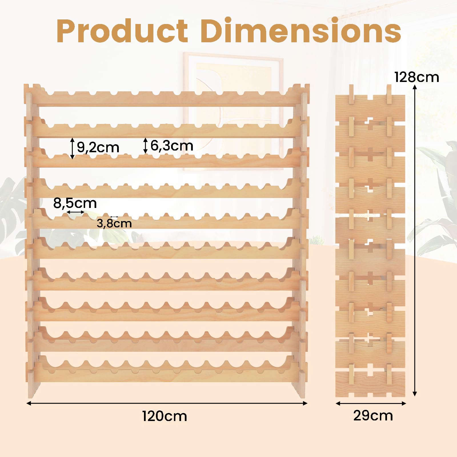 FANTASK Weinregal Holz für 120 Flaschen, Flaschen Modular mit 10 Ebenen, Flaschenregal stapelbar, Holzregal für Küche, Esszimmer, Bar, Keller, 120 x 29 x 128 cm