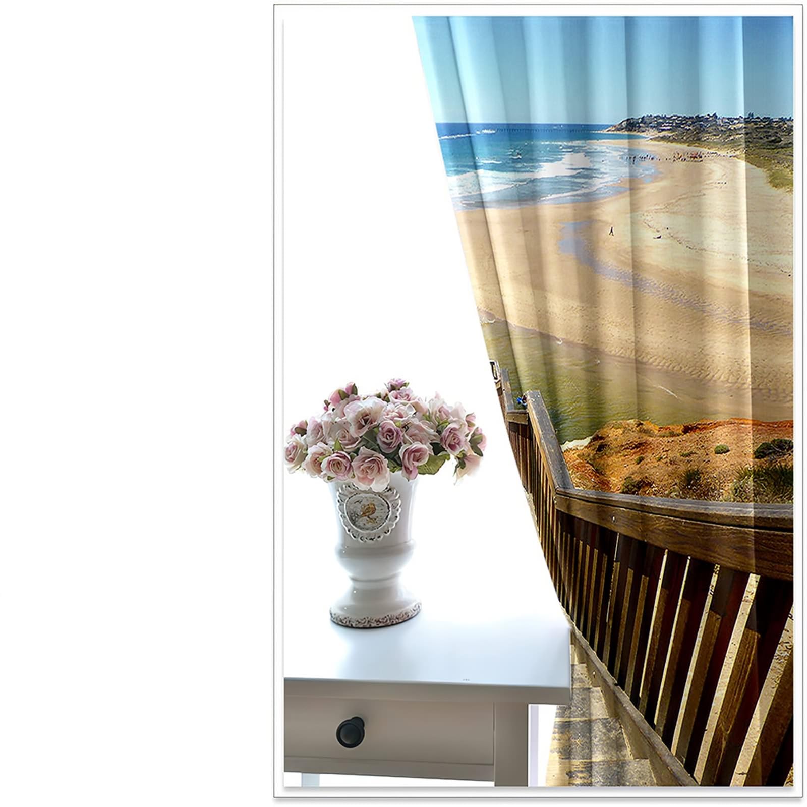 Gardinen mit Ösen, 86x138cm Braun Beige Blau Holztreppe am Meer und Strandlandschaft Sommer Vorhang Blickdicht mit Ösen Thermovorhang Kälteschutz Vorhänge Wohnzimmer Schlafzimmer Wärmeisolierend