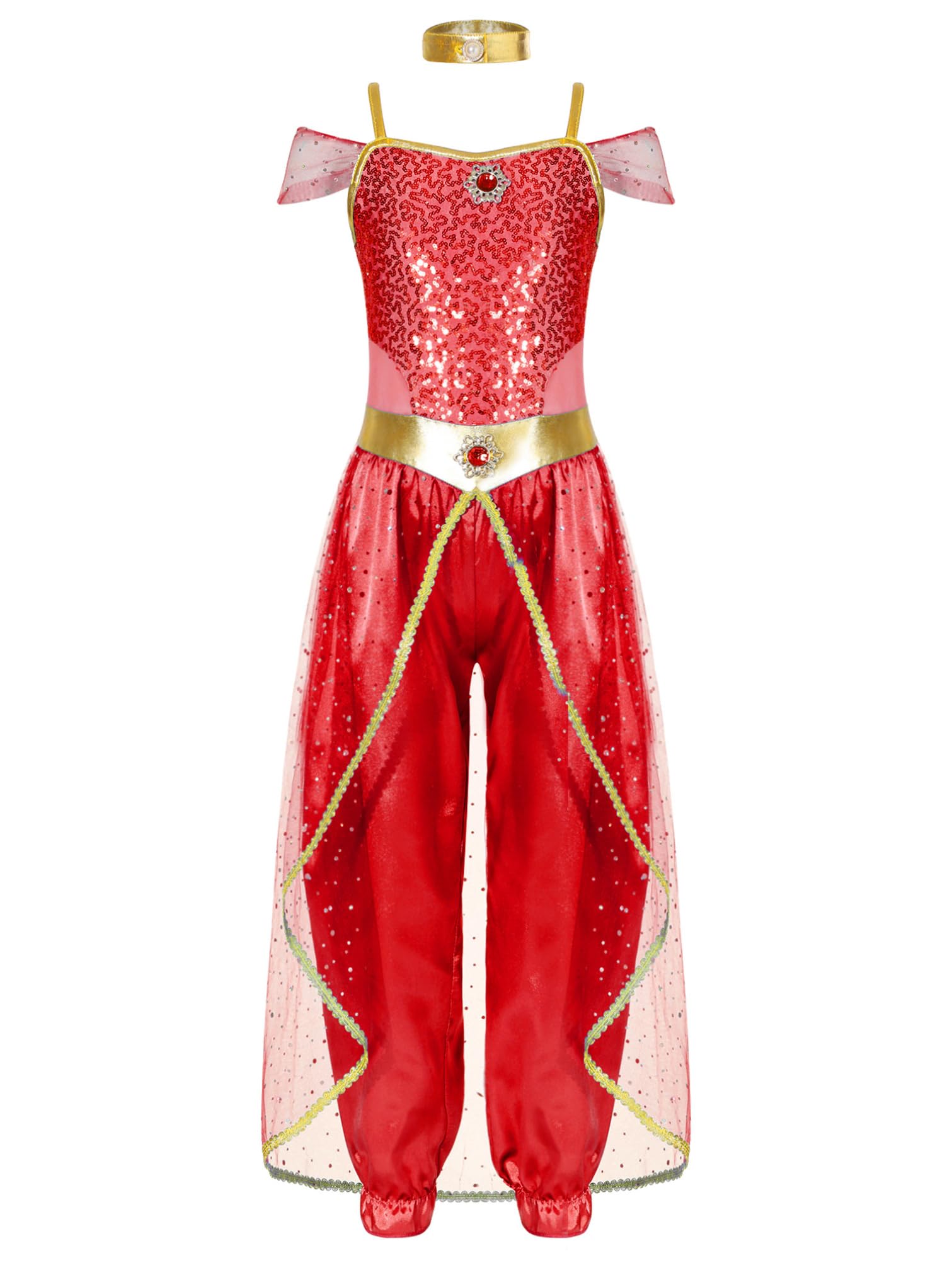 iiniim Disfraz de Princesa Árabe para Niña Mono Vestido de Princesa Jazmín con Lentejuelas Traje de Danza del Vientre para Halloween Navidad Carnaval Fiesta