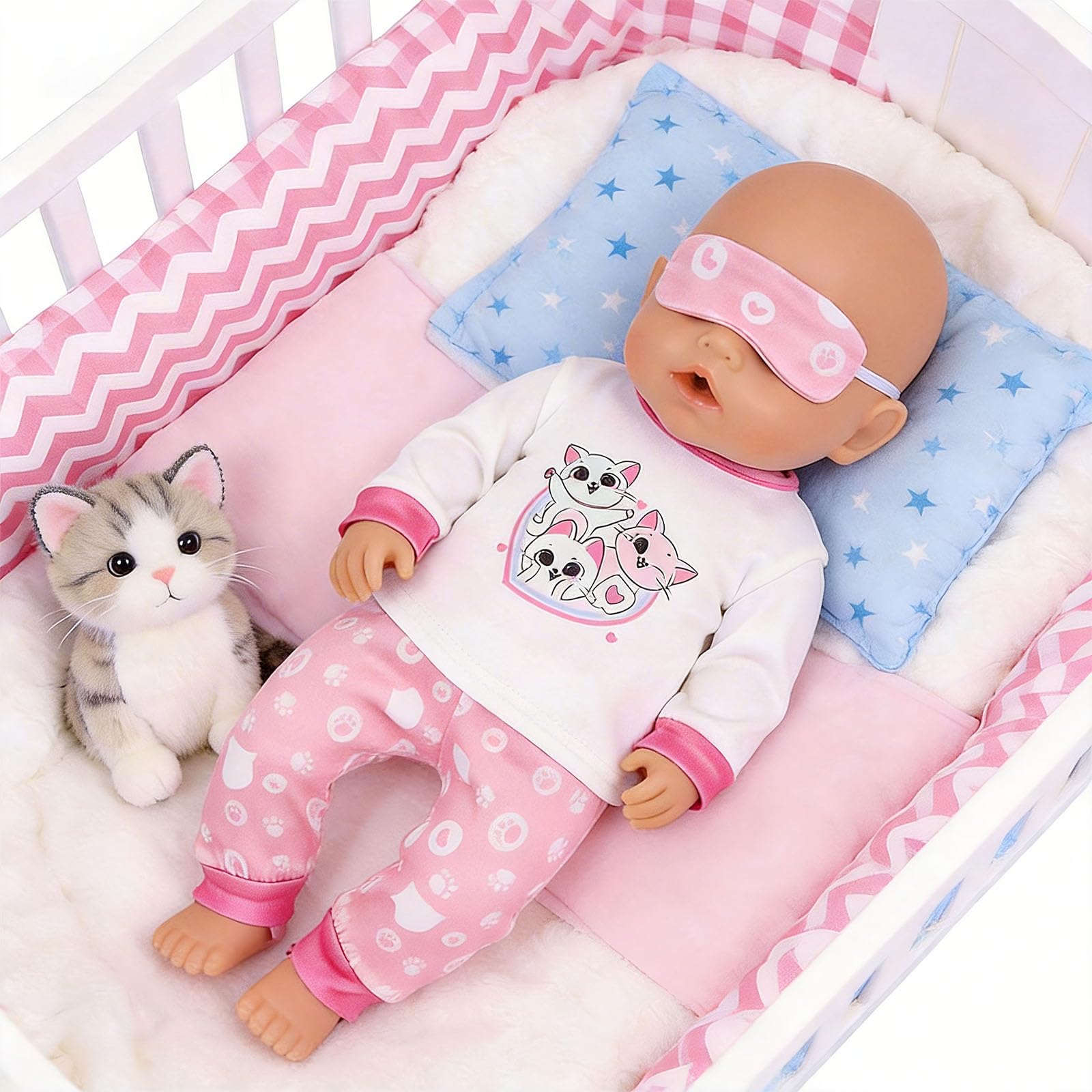 WanderGo Doll Clothes 35-43 cm, 7 Piece Dolls Clothes Eye Mask, Long-Sleeved Top, Long Pants, Pink Shoes, Cat Accessories - Image 2