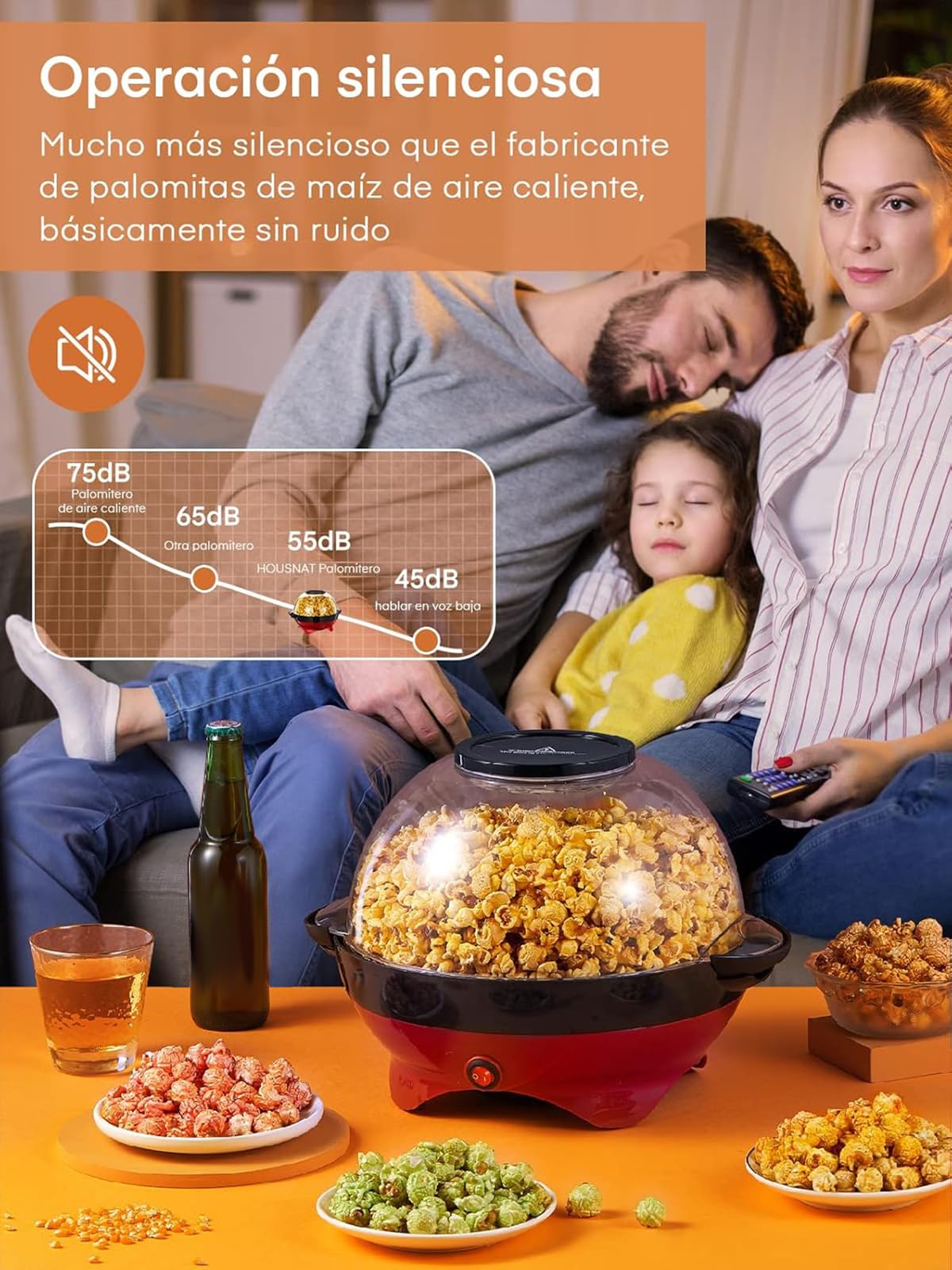 HOUSNAT Palomitero, 5.5L/180g, 800W Máquina de Palomitas Aceite Caliente con Revestimiento Antiadherente y Plato de Calentamiento Extraíble, Silenciosa y Rápida, 2 Tazas Medidoras