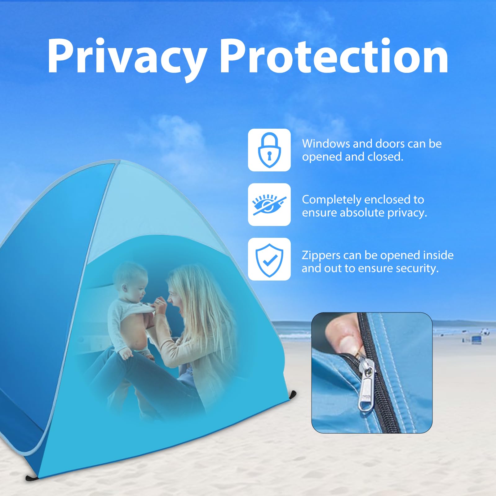 Tente de Plage Pop Up, Abri de Plage Automatique 1-2 Personnes, Tente Pare-Soleil avec Sac de Transport et Piquets, Protection Solaire UV UPF 50+, pour Protection Solaire Plage, Jardin