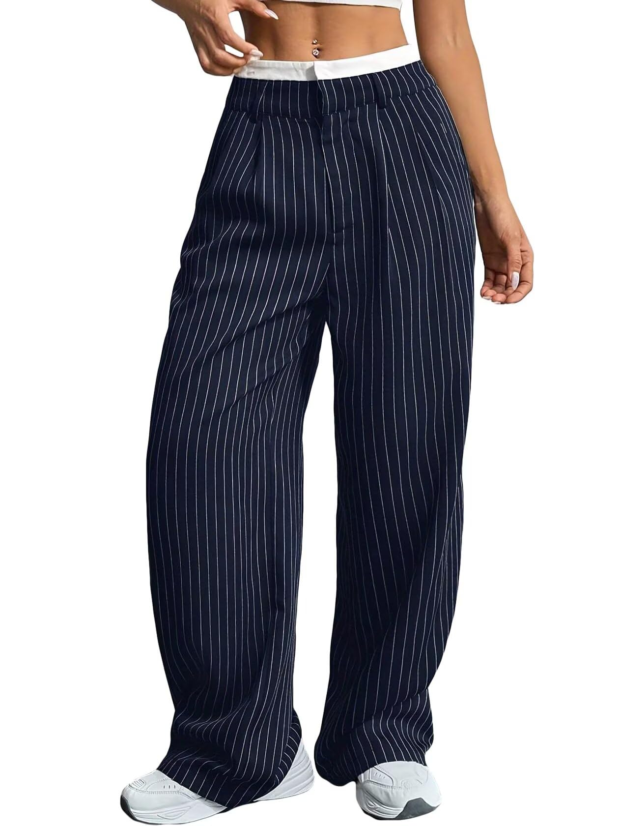 Womens White-Trim Pinstripe Wide-Leg Pants with Pockets - Relaxed Fit