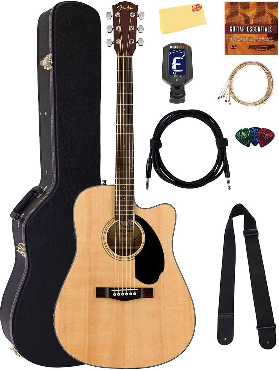 Fender CD-60SCE Guitarra acústica eléctrica Dreadnought con parte superior sólida, paquete natural con estuche rígido, cable de instrumento, afinador, correa, cuerdas, púas, DVD instructivo de Austin Bazaar y paño de pulido