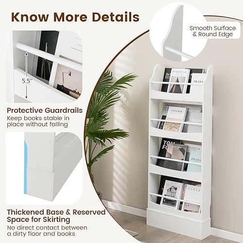 Miniatura 10 de Tangkula Estantería para niños, estantería independiente de 4 niveles para libros, revistas y periódicos, 2 kits antivuelcos, estante de