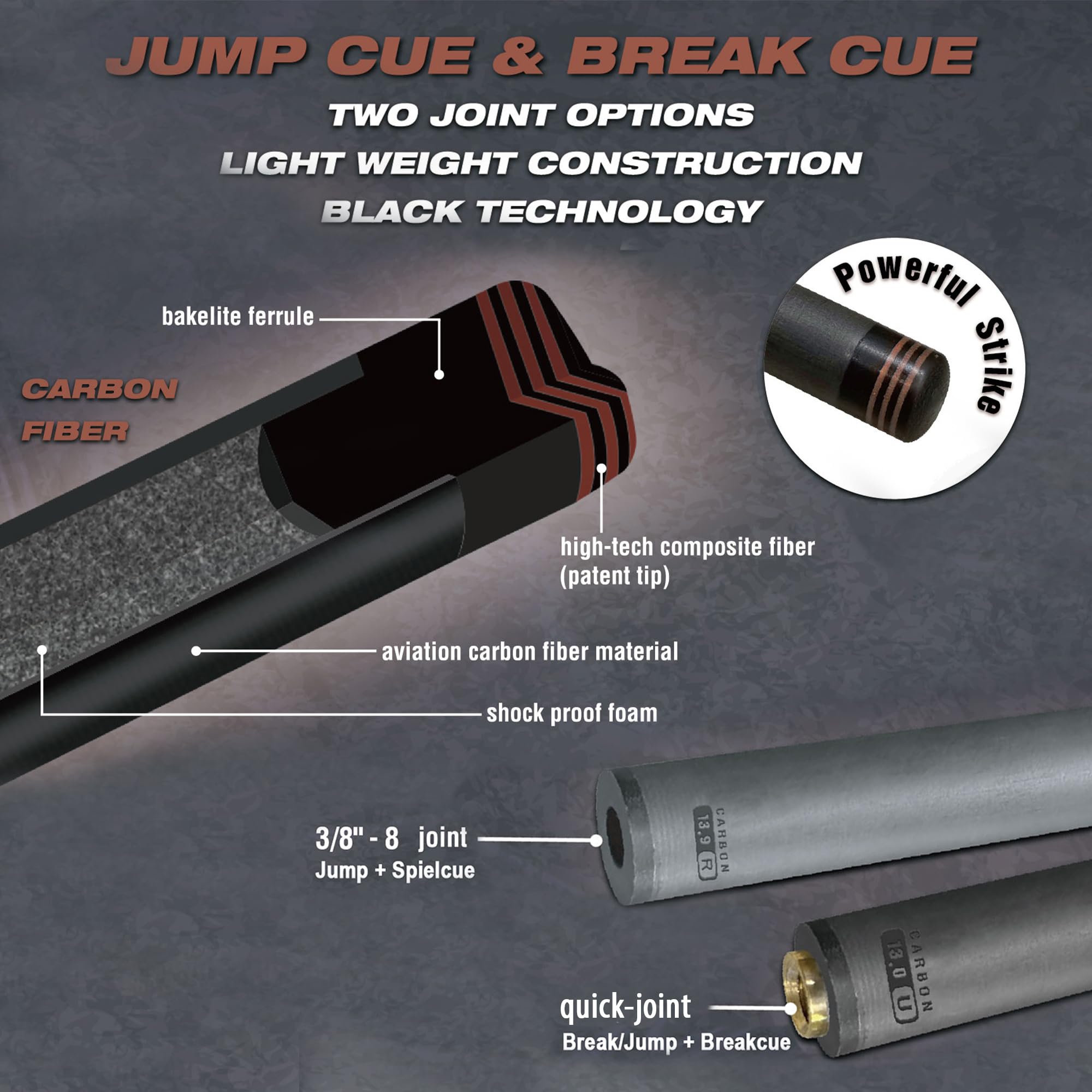 Robertson Carbon Break & Jump Queue HiPower, Profi Anstoß Cue 2-TLG. sowie Break + Jump 3-TLG für max. Power und Präzision im Poolbillard 13‘ Break-Tip, Quick Joint