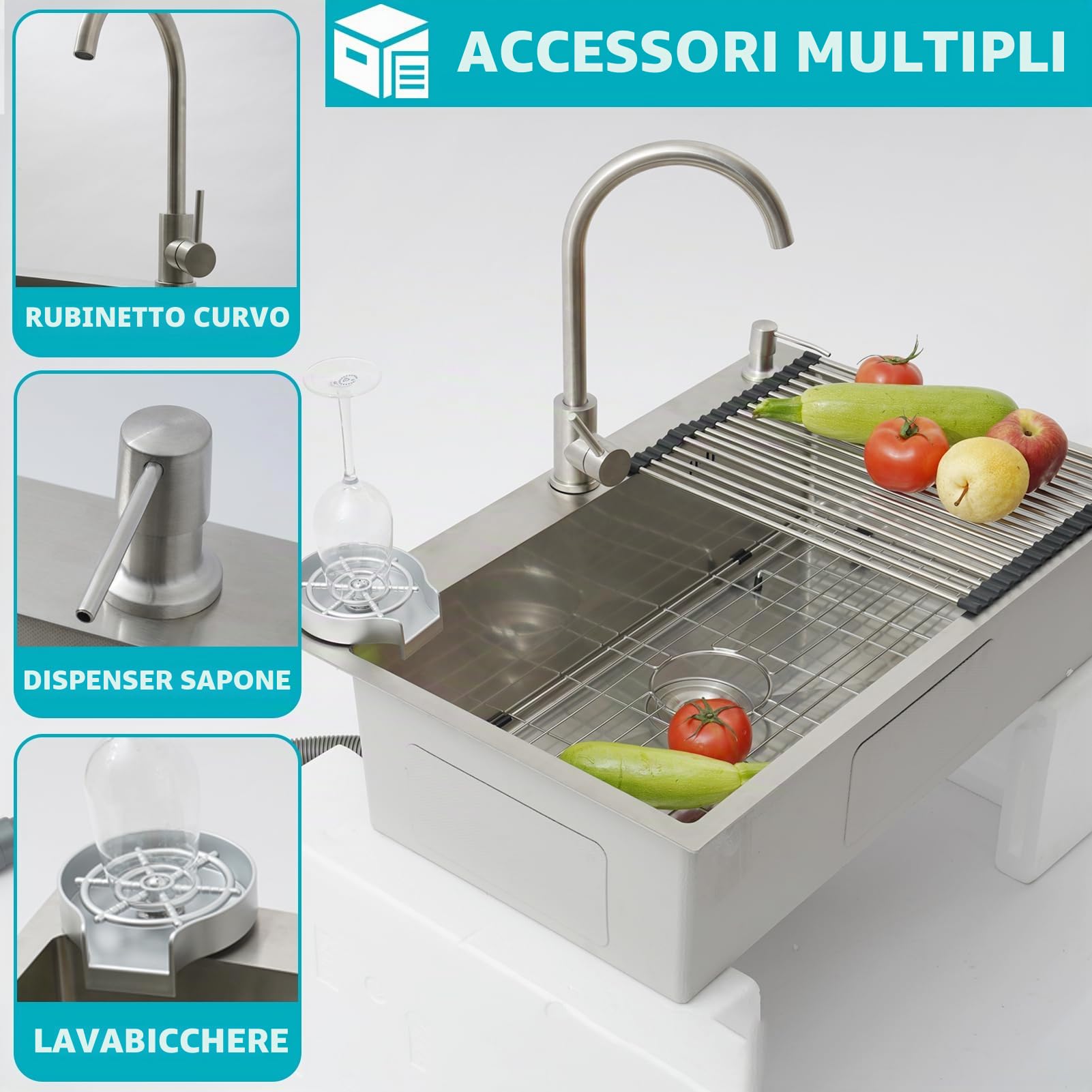 Lavello Cucina 85x50 cm in Acciaio Inox Spazzolato, 1 Vasca con Rubinetto, Set Completo con Scolapiatti, Griglia di Scarico, Dispenser Sapone e Kit di Scarico, Installazione da Appoggio o Sottopiano