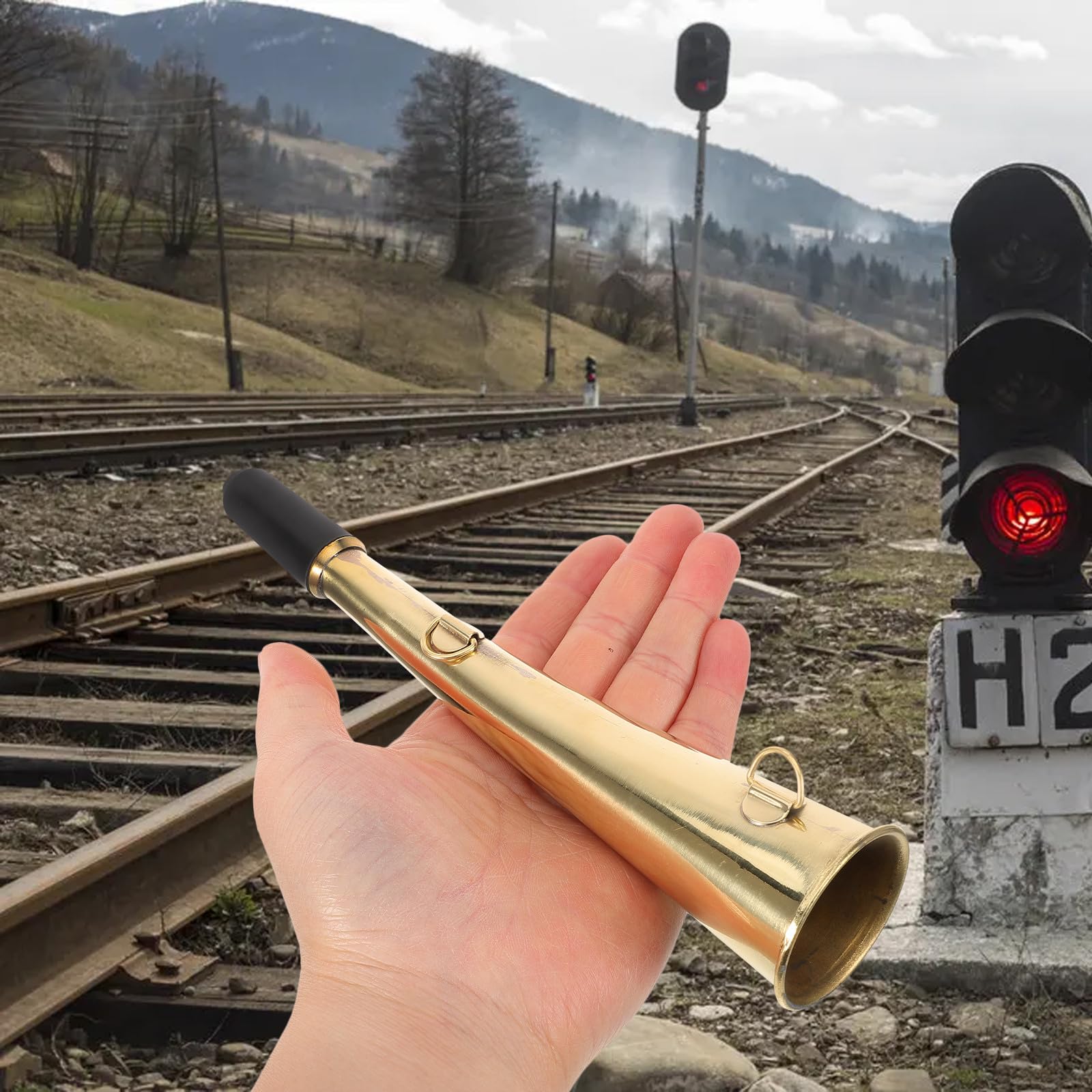 Kupfernes Eisenbahnhorn Stierhorn Signalhupe für Gleissignale Lautes Robustes Straßenhorn mit Einfachem Bedienkonzept Eisenbahnzubehör für Erwachsene
