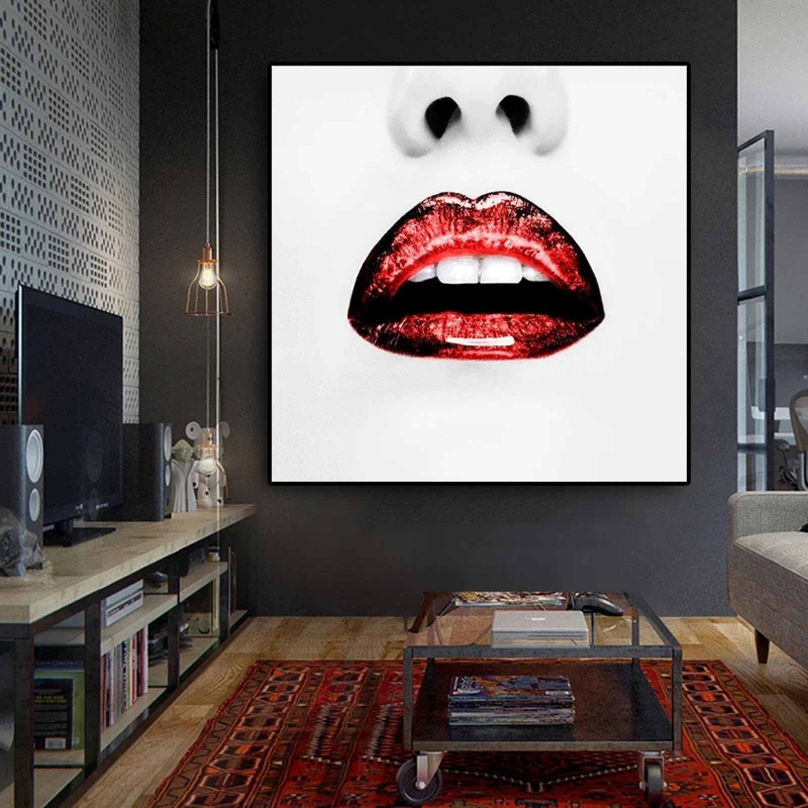 LZJAGXX Abstract Girl Red Lip Wall Art Picture Women Portrait Canvas Painting Minimalist Posters and Prints for Living Room Decor 60x60cm Frameless