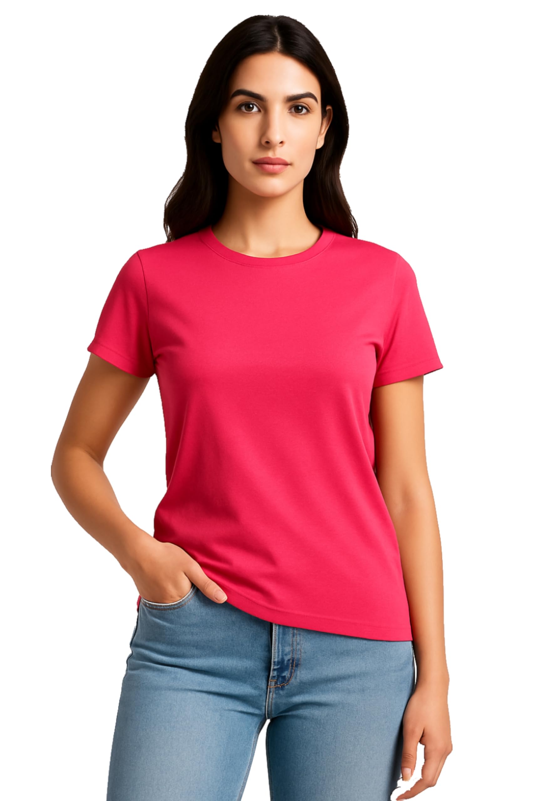 Inner Element Pure Cotton T-Shirt – for Women Fuschia Pink, Super Combed Cotton Relaxed Fit Solid Straight Hem Half Sleeve Tshirt for Ladies-picture-10