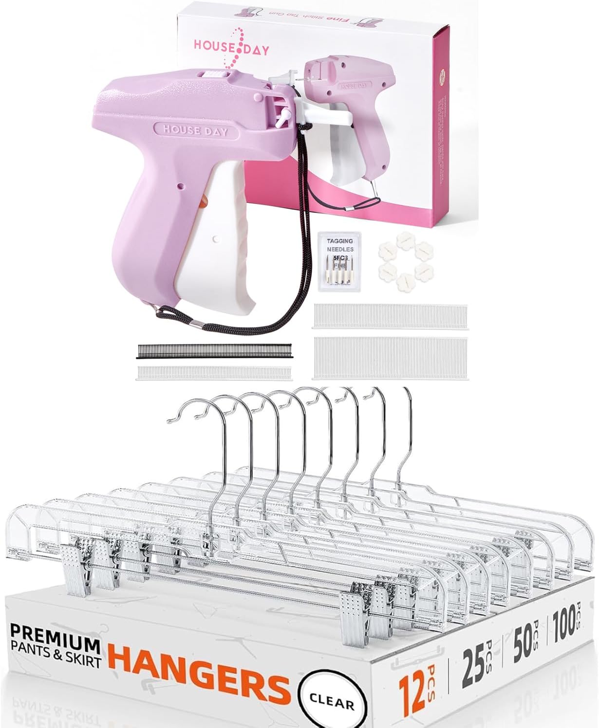HOUSE DAY 12 Pack 14 inch Clear Plastic Skirt Hangers, Stitch Gun for Clothes, Micro Tagging Gun for Clothing Stitchy