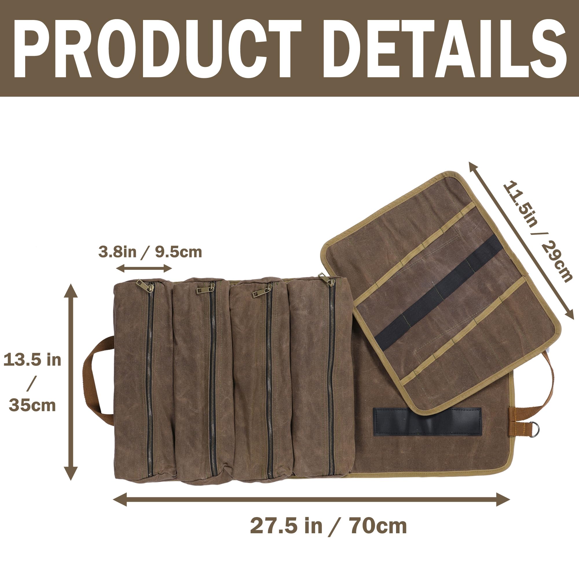 Rouleau de rangement pour outils | Sac de transport d'outils multifonction (4 poches et 1 rouleau amovible), sac à outils enroulable en toile cirée de 453,6 g – pour ensemble de marteaux, clés, ciseau