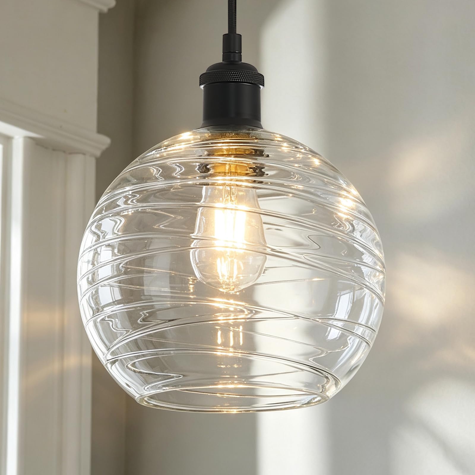 Modern Glass Pendant Light 10” Black Kitchen Island Hanging Light Fixture