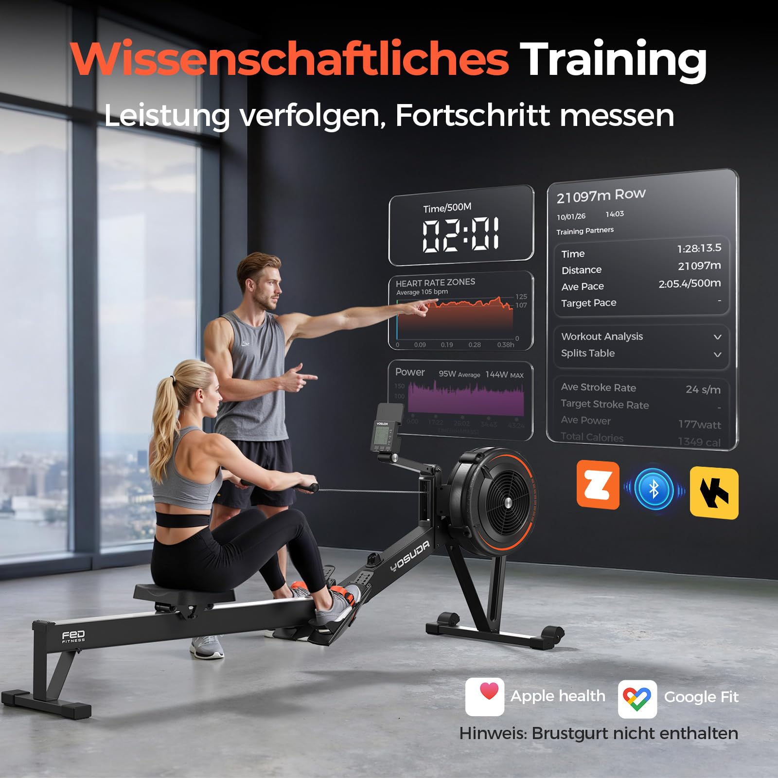 YOSUDA R2 Luft Rudergerät für Zuhause Klappbar, Luftwiderstand, Selbstbetriebenes Display, 10-Stufen Widerstand, Alu-Laufschiene für große Menschen, Bluetooth & App, Indoor Rudern zum Cardiotraining
