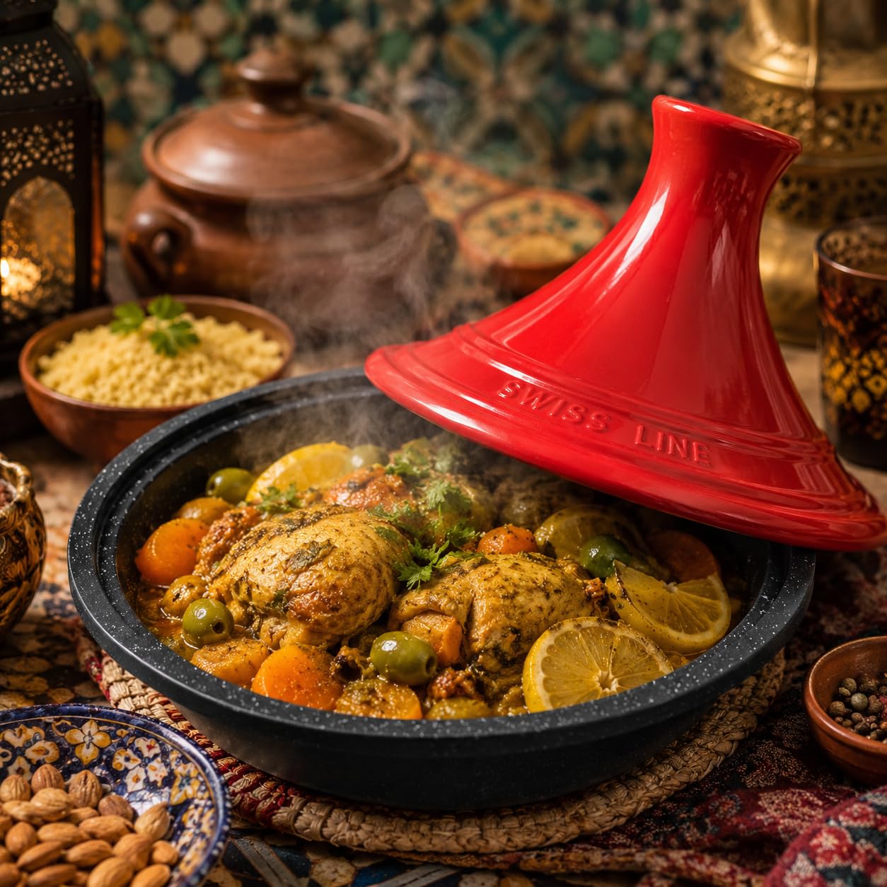 Swiss Line Tajine Topf 30 cm Gusseisen mit Keramikdeckel – Marokkanischer Schmortopf für 2–5 Personen, Induktion, Backofen & Grill