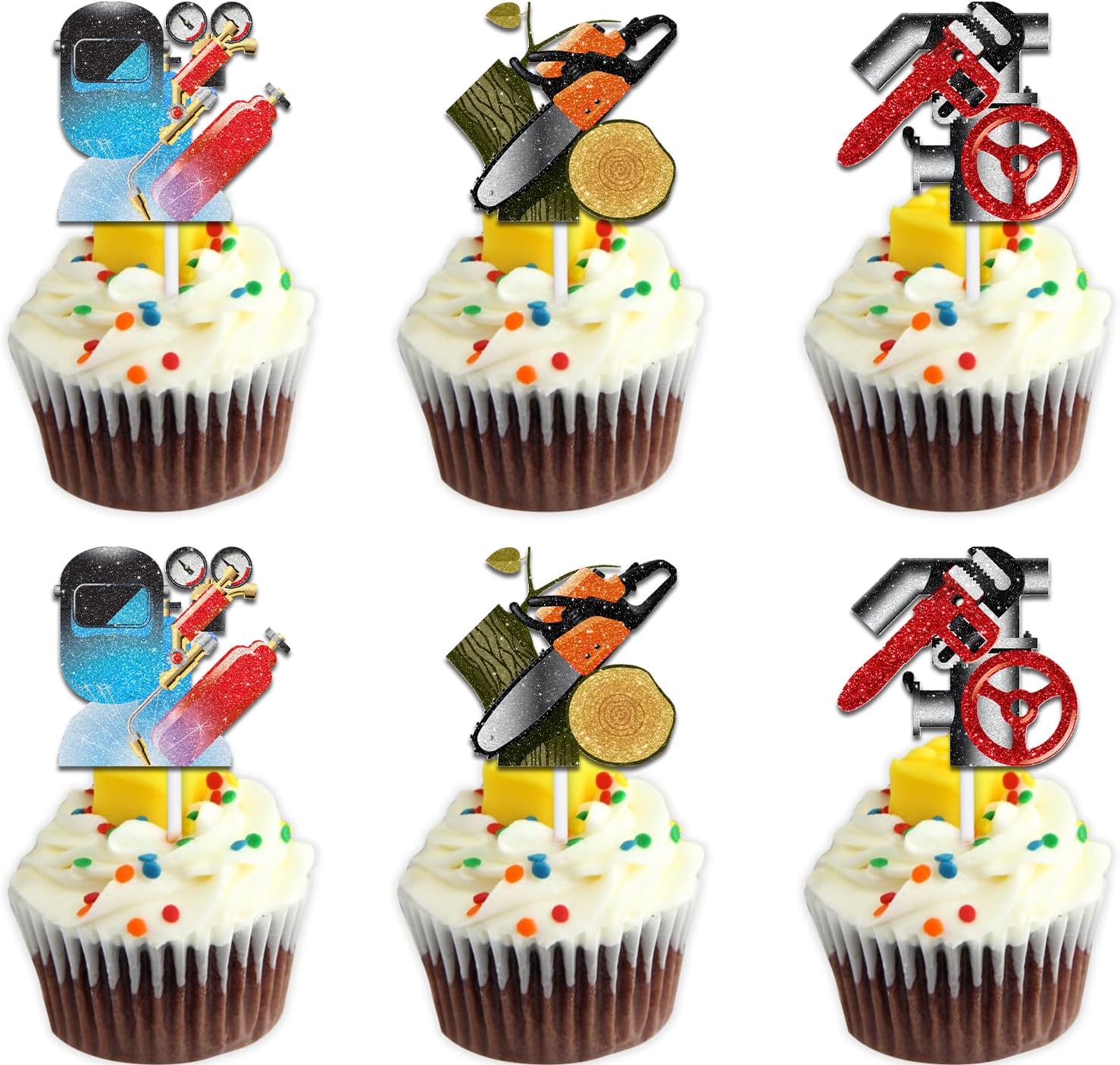 18Pcs Glitter Tools Dessert Cupcake Topper Machine Worker Chainsaw Pliers Electric Drill Theme Decoration Happy Birthday Party Decor for Men Boy Favour Supplies Set