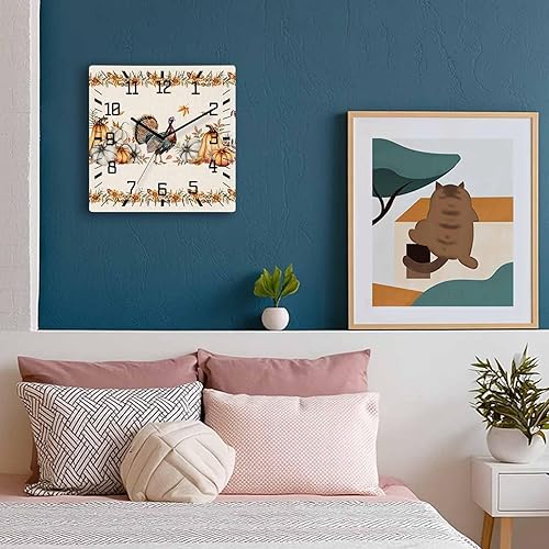 Miniatura 3 de Fall Turkey Wooden Wall Clock Silent Non Ticking, Thanksgiving Botanical Country Pumpkins Square Wall Clock Battery Operated, Decor Clock for Home