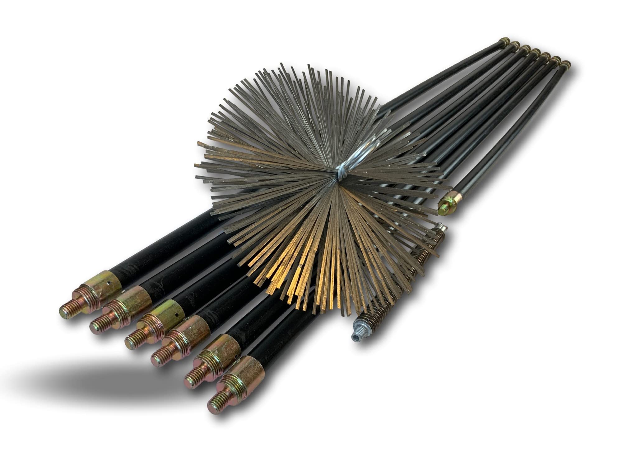 Kit de deshollinado Hyper Pro para conductos no entubados | Cepillo de acero | Ø250 mm | 7 varillas negras PPN macizas contra roscadas Ø20 mm | Resorte de inicio | 6x2 m + 1x1 m | Kibros RAMHP25A
