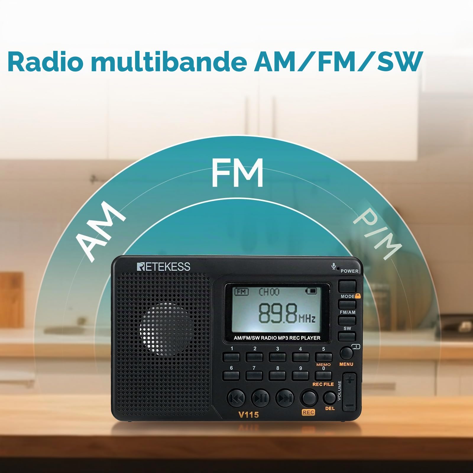 Retekess V115 Radio Portable,Petite Radio Rechargeable,FM AM SW, Piles et Secteur,Carte TF,Enregistreur, MP3,Minuterie de Sommeil,Salle de Bain,Cuisine(Noir)
