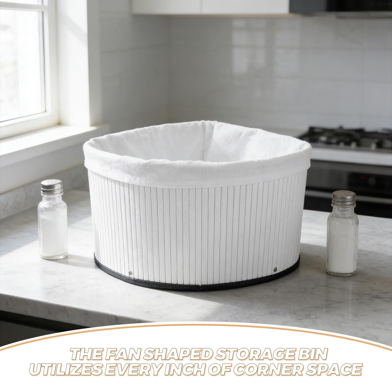 HEMOTON Cestino Triangolare in Bambù Bianco con Rivestimento, Organizer Angolare Salvaspazio per Cucina e Bagno, Scatola Portaoggetti Resistente