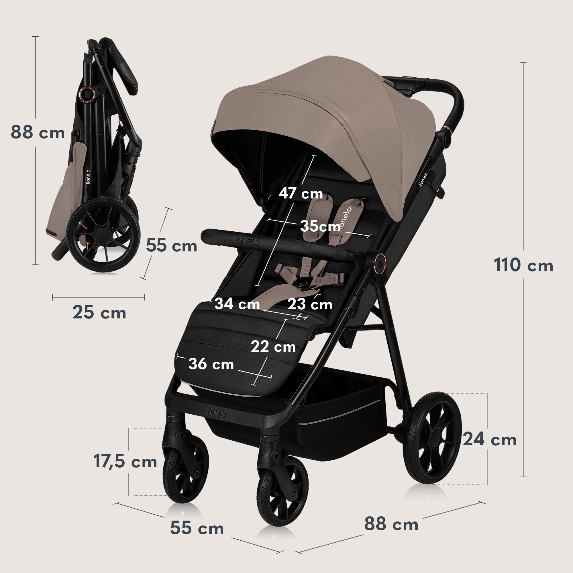 LIONELO Kompaktowy wózek dziecięcy MIRA dla dzieci w wieku od 6 miesięcy do 4 lat / 22 kg, kółka obrotowe 360° pełne zawieszenie, regulowane oparcie i podnóżek, stojak XXL UPF50+, duży kosz