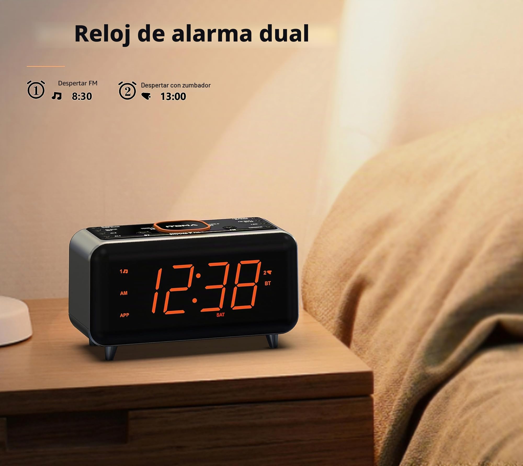 iTOMA Despertador de Radio con Control de aplicación, Bluetooth, Radio FM, Dual en Cuatro Modos de Despertador, Siesta fácil, atenuador, luz Naranja Nocturna, Puerto Cargador USB 208