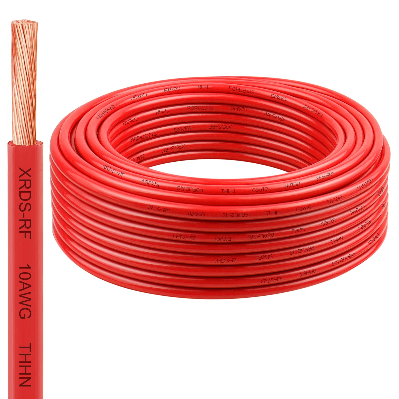 XRDS -RF 10 Gauge THHN Wire, 50FT Red Stranded Copper Electrical Wire, 600V, Heat & Oil Resistant, Nylon Sheath Building Wire for Indoor/Outdoor Use