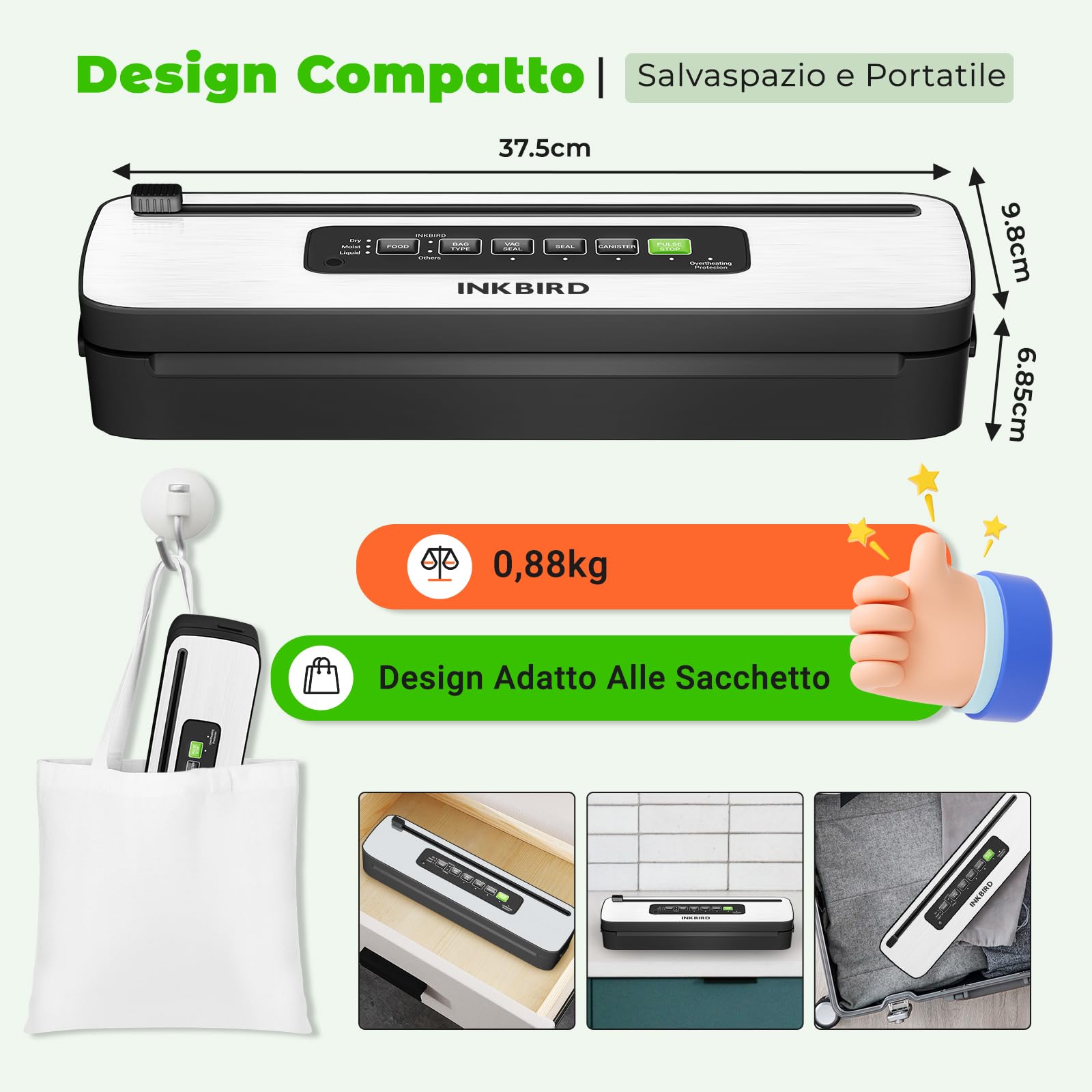 INKBIRD Macchina Sottovuoto Alimenti, Elettrodomestici di Messa Sotto Vuoto Con Taglierina Integrata | 7 Modalità di Sigillatura/Bagnata/Liquida, 130W Alta Potenza - Guarnizione Rapida, Indicatore