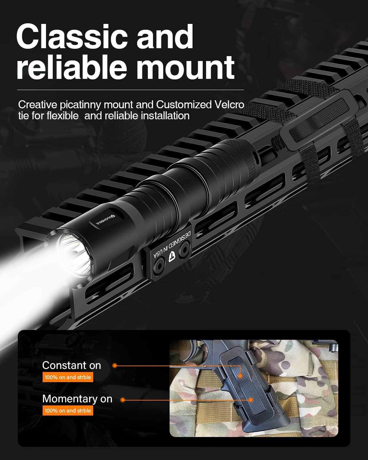 TOUGHSOUL Mlok Tactical Flashlight 1250 Lumens, Rechargeable Flashlight with Remote Pressure Switch LED Light with Rechargeable Batteries and Charger Included : Sports & Outdoors