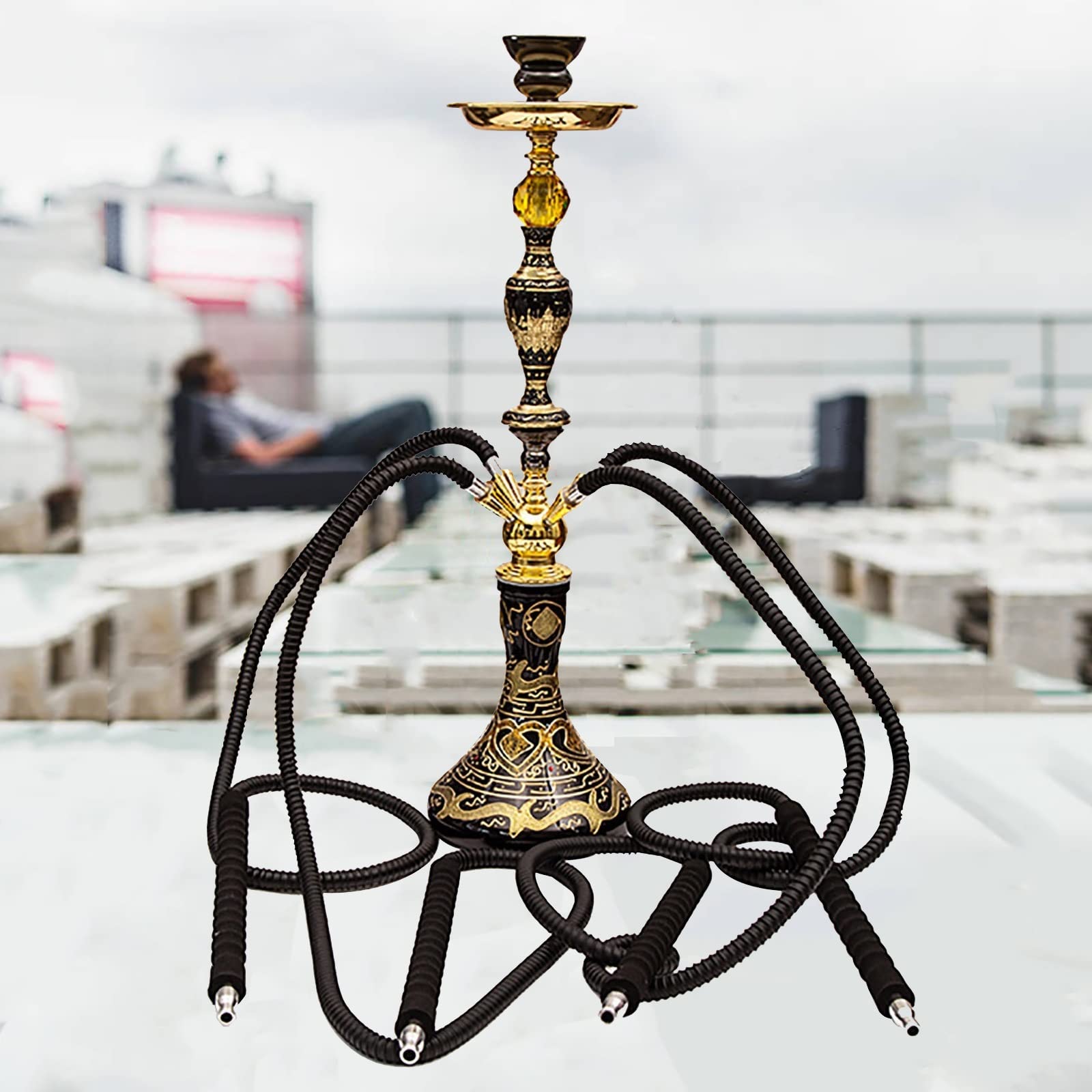 Juego de Cachimba de 2 o 4 Mangueras, Shisha de Cachimba con Base de Jarrón de Vidrio Estable, Tazón de Cerámica y Cenicero de Pinzas para Carbón, Puntas y Cubiertas de Papel de Aluminio
