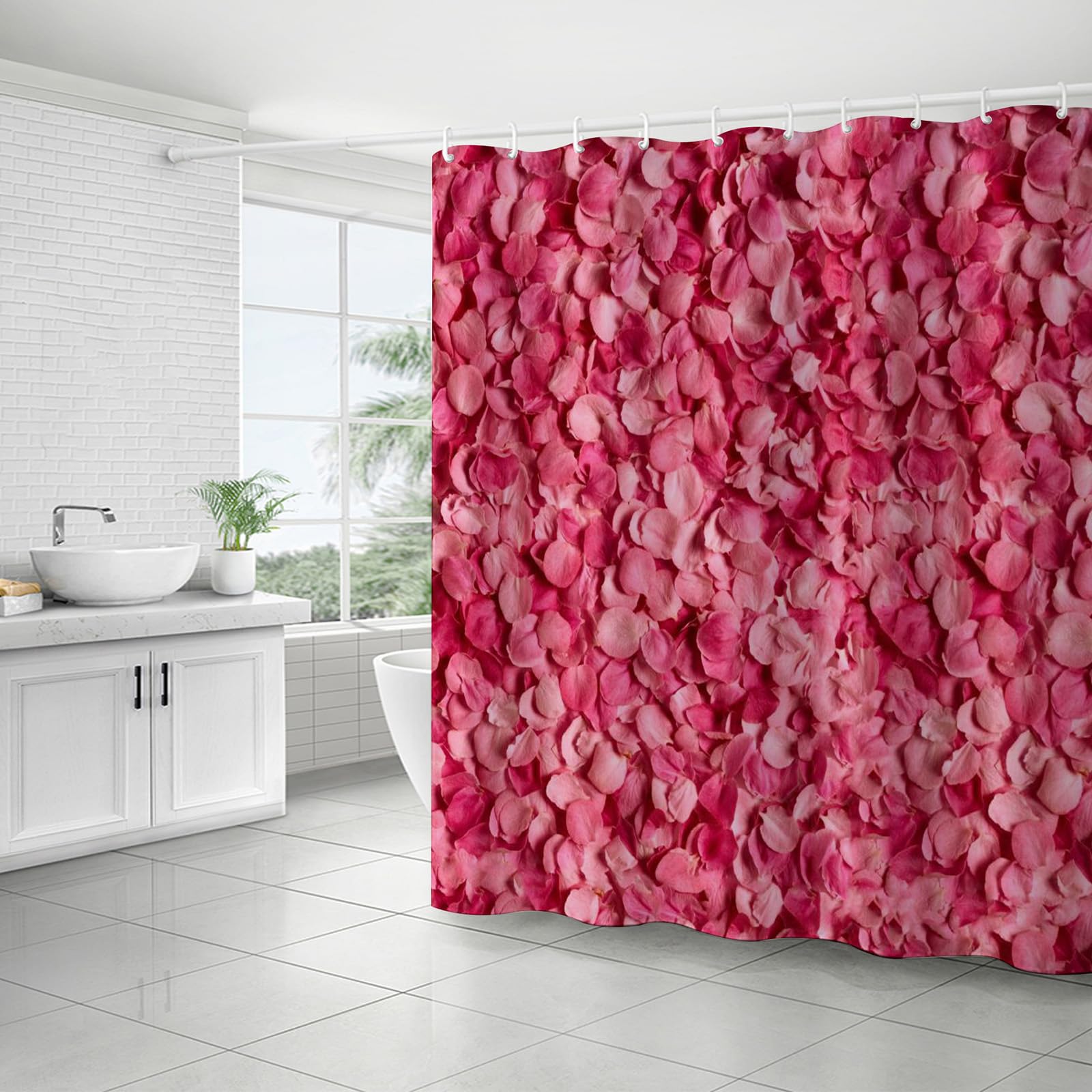FAIRYGATE Pink Shower Curtain Shower Curtains Mould Proof Resistant Washable Rose Flower Print Waterproof Bath Curtain with 12 Hooks Shower Curtain for Bathroom B8416