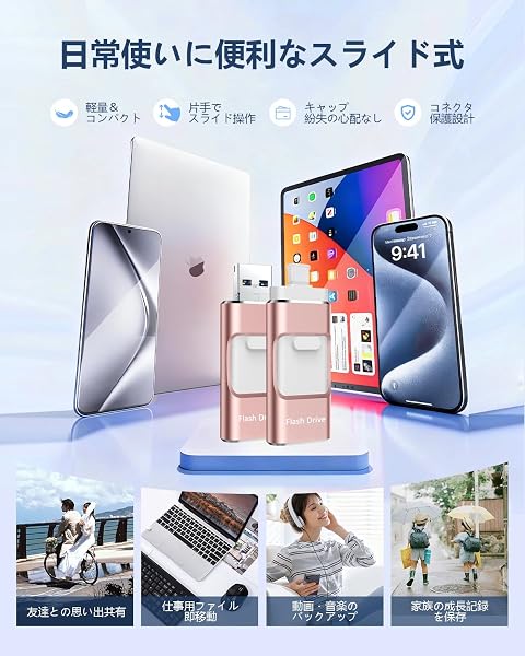 【専用アプリ不要】4in1 Phone用USBメモリ128GB 高速 データ バックアップphone写真データ保存iOS/USB/Type-C/Micro USB搭載 大容量 フラッシュメモリ タイプc USBメモリphone用外付けメモリIOS/Android/PC/Macbook/対応 携帯容量不足解消 スマホの写真を保存する ピンク - 4