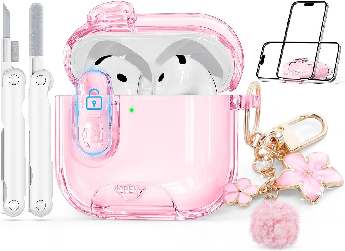 para AirPods 4 Case 2024 con cierre de seguridad, rosa transparente | Funda transparente con soporte para teléfono y kit de limpieza, linda cadena floral para mujeres y niñas, cubierta protectora de TPU suave, a prueba de golpes