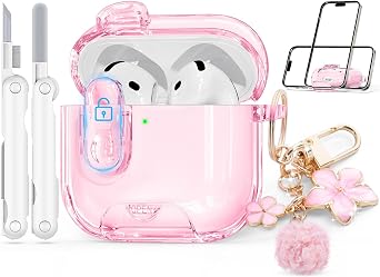 for AirPods 4 Case 2024 with Safety Lock,Clear Pink | Clear Case with Phone Stand & Cleaner Kit,Cute Floral Chain for Women Girls,Soft TPU Protective Cover,Shockproof