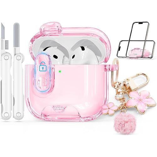 for AirPods 4 Case 2024 with Safety Lock,Clear Pink | Clear Case with Phone Stand & Cleaner Kit,Cute Floral Chain for Women Girls,Soft TPU Protective Cover,Shockproof