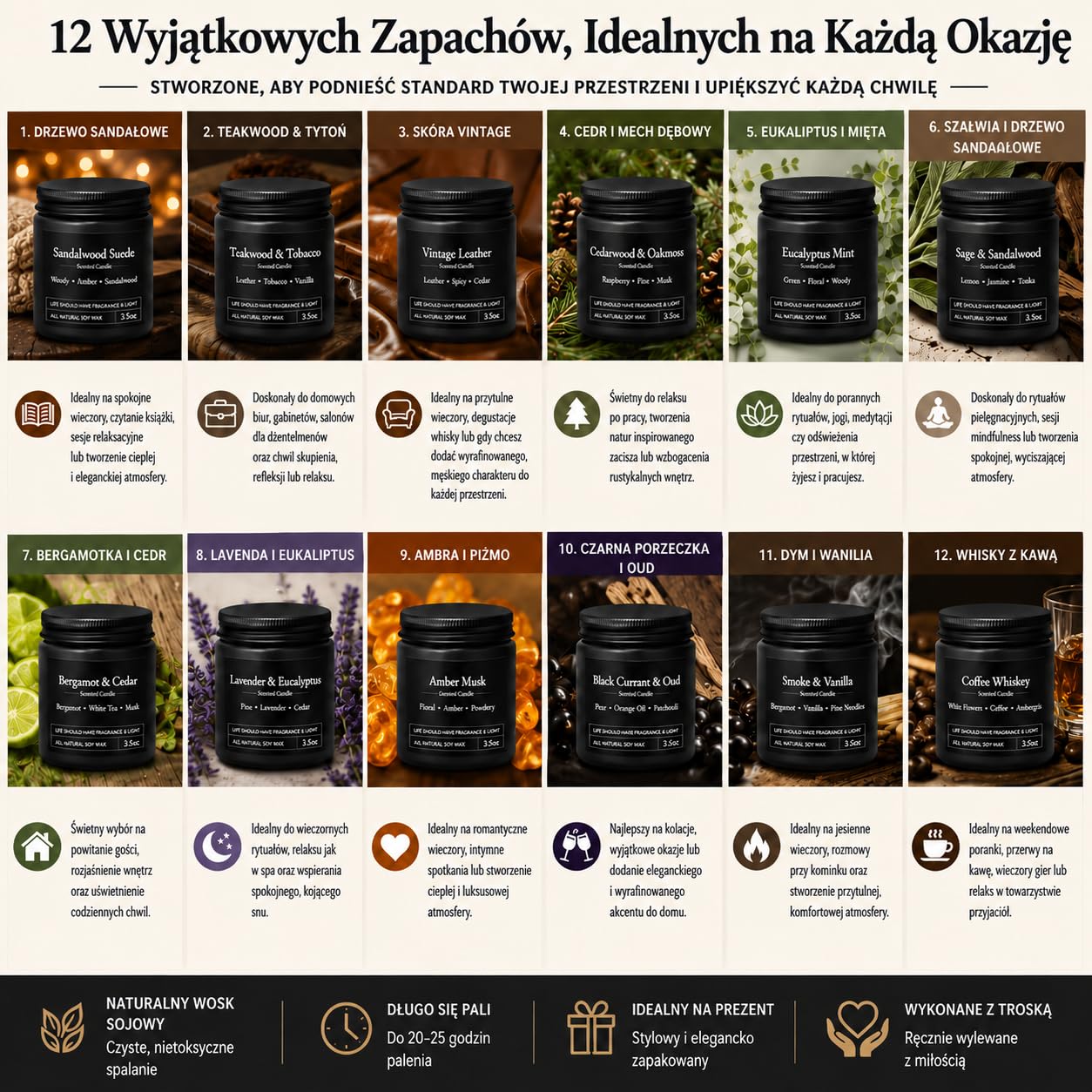 CREASHINE 12-pak prezentów dla mężczyzn, prezent urodzinowy dla niego, zestawy męskich świec zapachowych, świeca z podziękowaniami w szklanym słoiku dla ojca, męża, brata, syna, rodzinnego prezentu na
