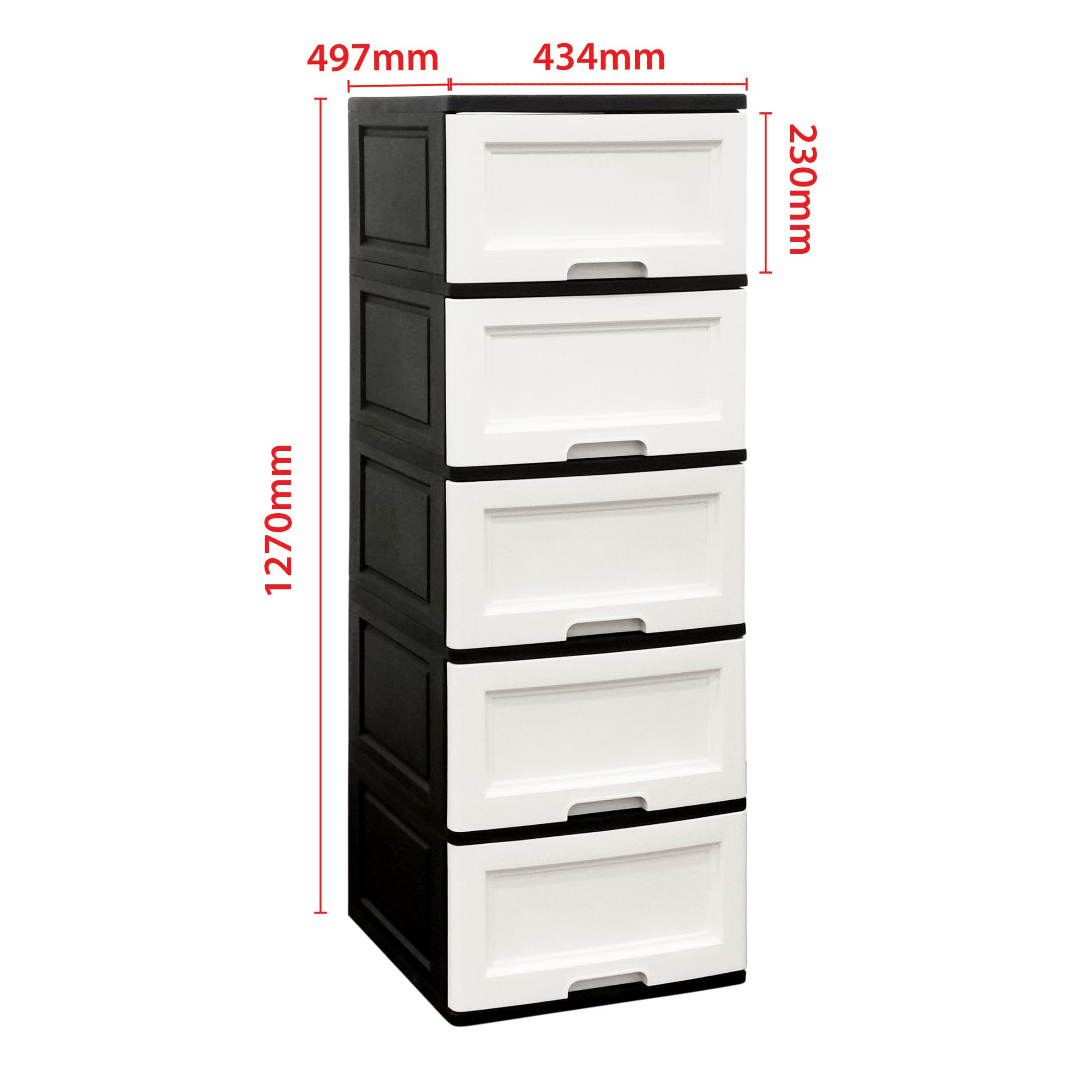 ABBAware Kommode 44x50x127 cm mit 5 großen XXL Schubladen, 40 Liter pro Schublade, in edlen Schwarz/Weiß Farben und feiner Kiefernholz-Optik der Umwelt zuliebe aus recyclebarem PP Kunststoff