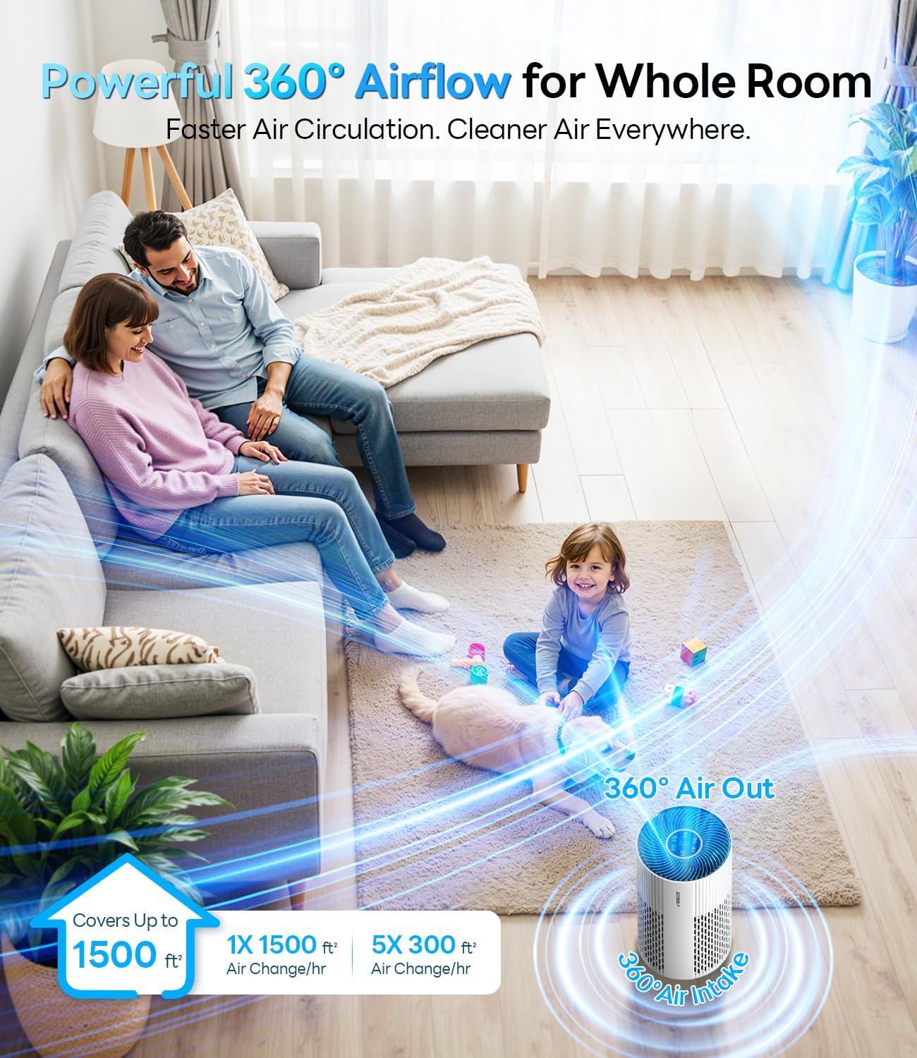 Air Purifiers for Home Large Room Cover Up to 1500 Ft² with True HEPA Filter, 20dB Sleep Mode, 360° Air Intake & Outlet, Air Cleaner for Bedroom Pets, 7 Color Light, HAP604, Bright White - Image 2