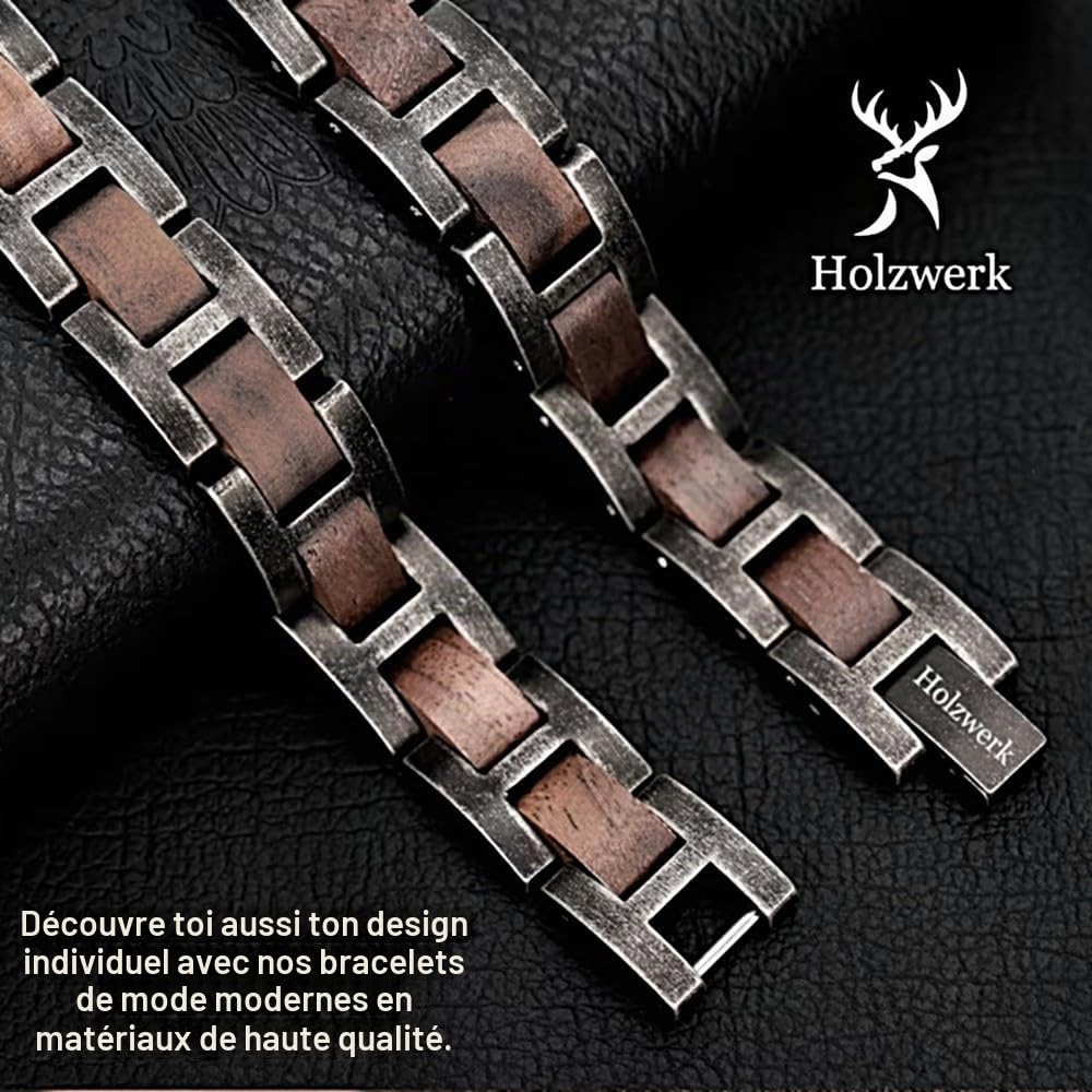 Holzwerk MASCHSEE Bracelet en bois naturel pour femmes et hommes Bracelet en bois Bracelet homme Bracelet femme Noir Marron Réglable incl. raccourcisseur de bracelet et boîte de rangement
