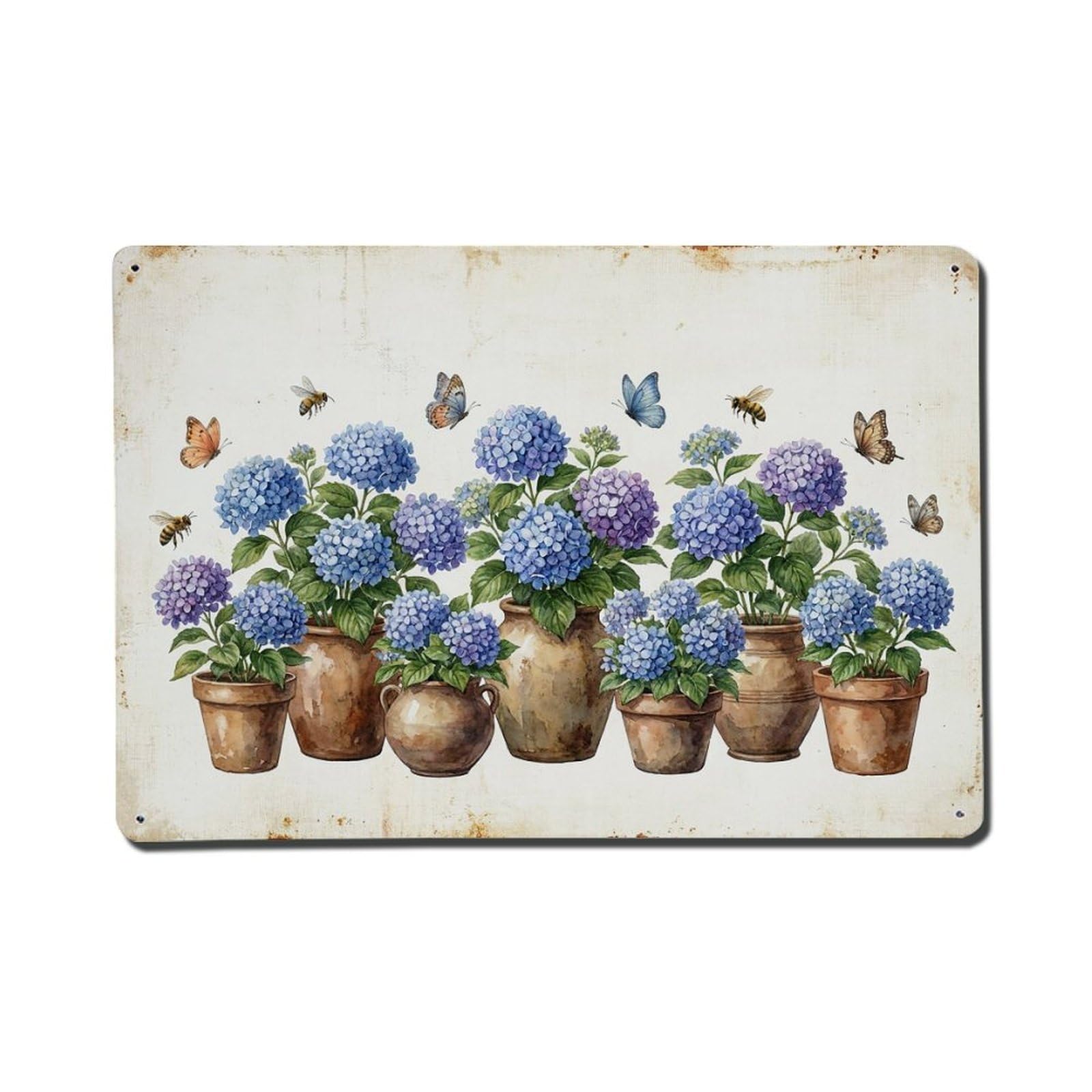 Vintage Rustic Flower Potted Plants Hydrangea Metal Tin Sign